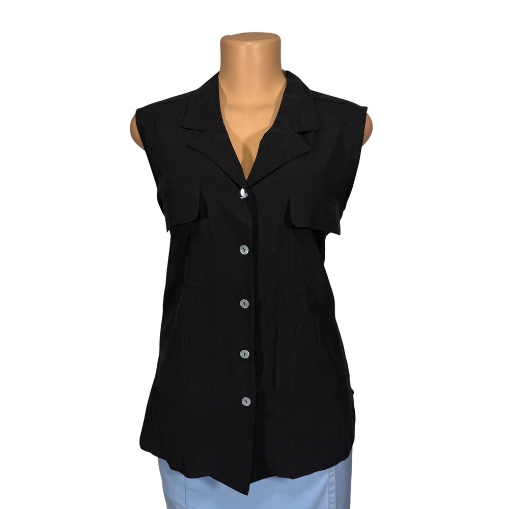 Peter Martin Silk Collection Black 100%‎ Silk Sleeveless Button Down Top Large